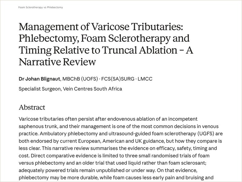 First page of the narrative review Management of Varicose Tributaries: Phlebectomy, Foam Sclerotherapy and Timing Relative to Truncal Ablation.