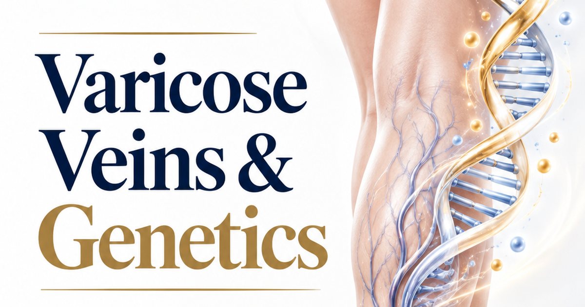 Illustration of a lower leg with veins intertwined with a DNA double helix, titled Varicose Veins and Genetics.